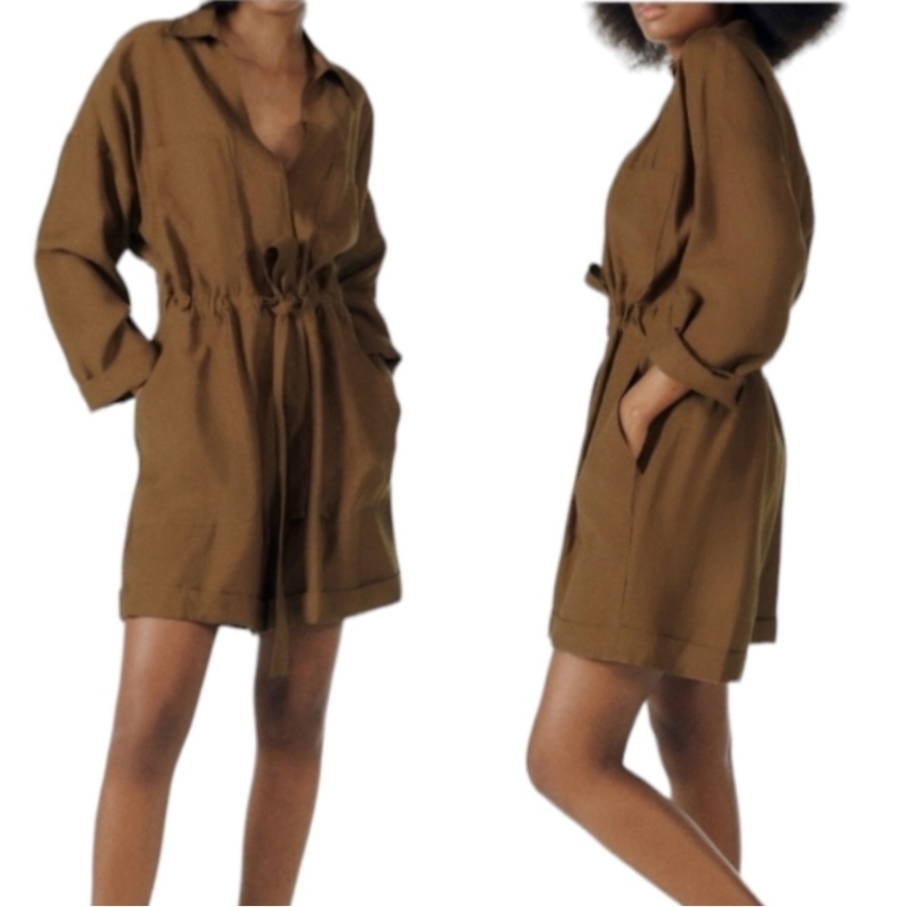 Zara Flowy Short Brown Jumpsuit Tie Waist Romper XL New With Tags